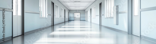 A clean, modern hospital corridor with bright lighting and minimalist design, ideal for healthcare and architectural themes.