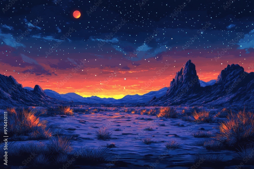 Retro Sci-Fi Landscape of Pixelated Alien Planet with Glowing Plants and Two Moons in 16-Bit Design Retro Sci-Fi Landscape of Pixelated Alien Planet with Glowing Plants and Two Moons in 16-Bit Design
