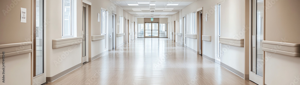 A wide view of a clean hospital corridor featuring bright lights and smooth flooring, ideal for healthcare and medical themes. A wide view of a clean hospital corridor featuring bright lights and smooth flooring, ideal for healthcare and medical themes.