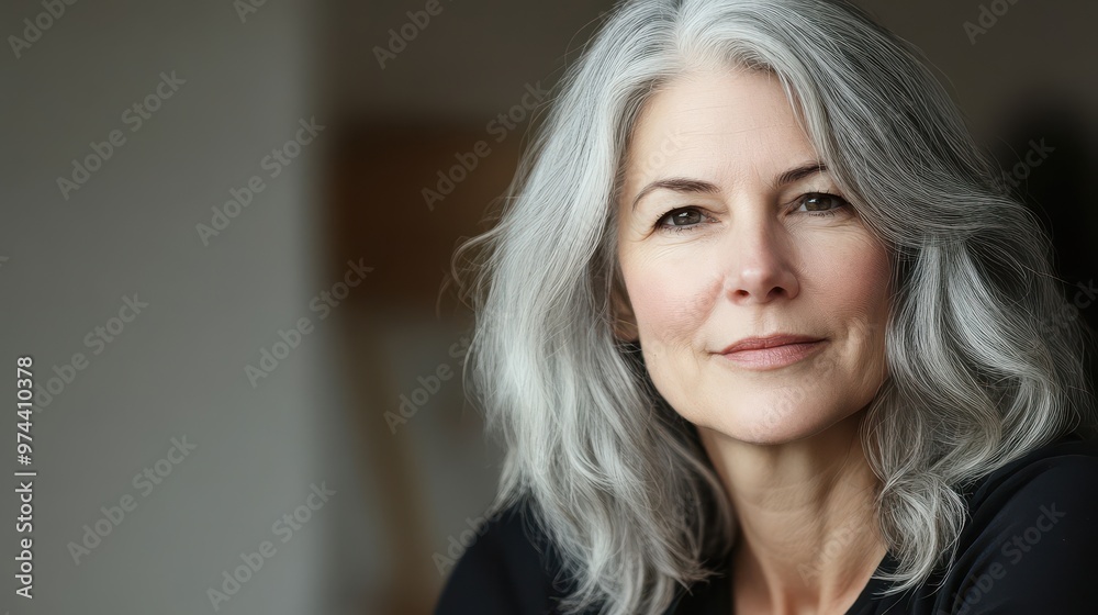 Fototapeta premium A Thoughtful Middle Aged Woman with Gray Hair Captured in a Portrait for Lifestyle and Wellness Themes