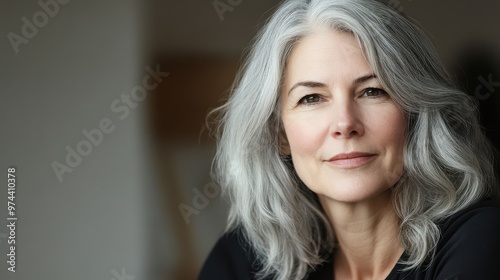 A Thoughtful Middle Aged Woman with Gray Hair Captured in a Portrait for Lifestyle and Wellness Themes