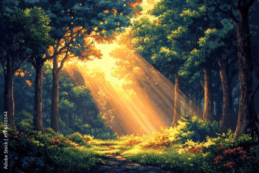 Serene Pixelated Forest Glade - Retro Fantasy 16-bit Scene with Warm Colors and Clean Composition, Sunlight Filtering Through Trees Serene Pixelated Forest Glade - Retro Fantasy 16-bit Scene with Warm Colors and Clean Composition, Sunlight Filtering Through Trees
