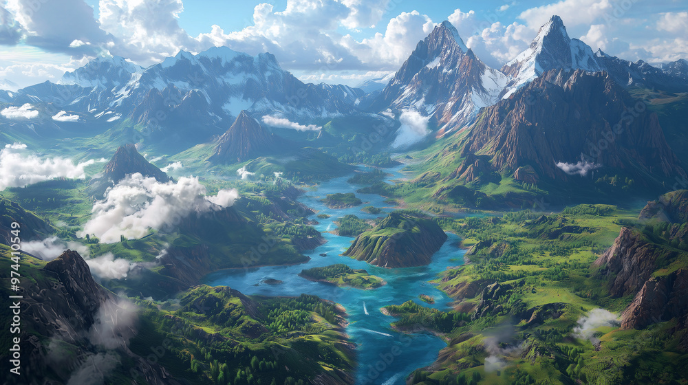 This picture shows a very beautiful natural landscape. It is a picture of a lush green valley with a river flowing through it, with tall mountains as a backdrop.