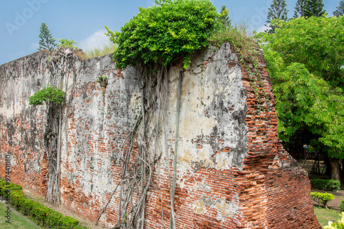 The Wall of Fort Zeelandia in Anping Old Fort in Tainan of Taiwan. 
Original wall of red bricks imported from Batavia and laid by the soldiers of the Dutch East India Company.  photo