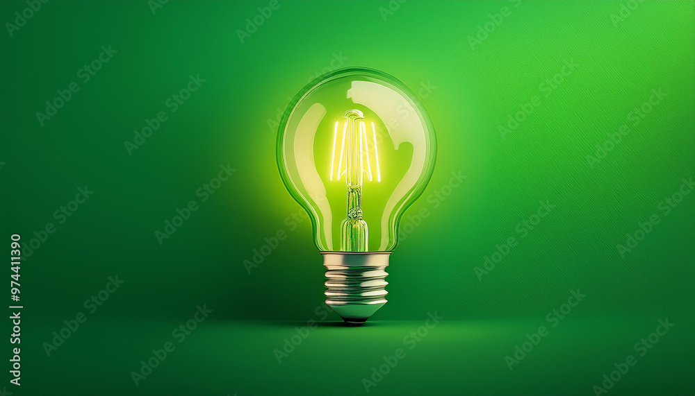 A glowing Light bulb on a green forest background A glowing Light bulb on a green forest background
