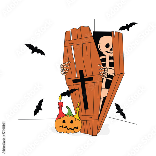 A skeleton emerges from a wooden coffin, ready for Halloween mischief