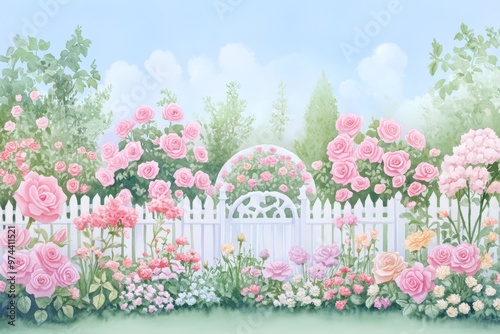 A vibrant garden filled with blooming pink roses, surrounded by a white picket fence and a serene blue sky.