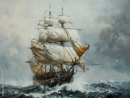 Vintage Sailing Ship Braving Stormy Seas