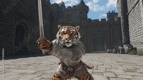 Tiger Knight with Sword in Front of Castle