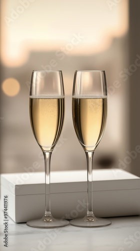 Two champagne flutes on a white box in front of a blurred background