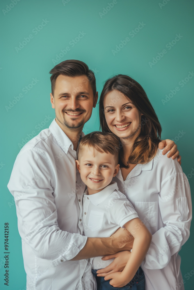 Smiling family in white shirts posing against a pastel background for advertising Smiling family in white shirts posing against a pastel background for advertising
