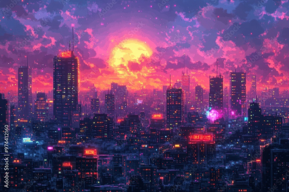 Fototapeta premium Retro-Futuristic Cyberpunk Rooftop Scene with Pixelated Neon Signs and Flying Cars in 16-Bit Style