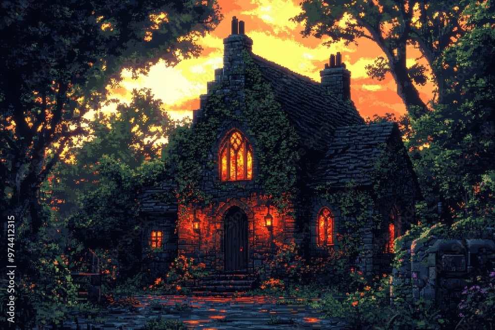 Pixelated Medieval Fortress with Flickering Torches and Overgrown Ivy in Earthy Hues - Vintage 8-Bit Castle Ambiance