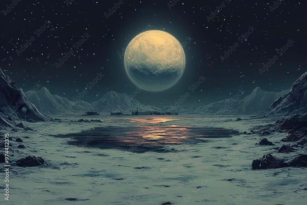 Naklejka premium Cosmic Pixelation - Retro Moon Crater with Stars, Planets, and Lunar Base in 8-Bit Style, Minimalist Vintage Space Scene in Gray Tones