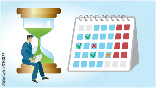 Man in time planning, count down with hourglass and calendar. Strategy to delivery product or result in time. Time management. Dimension 16:9. Vector illustration.