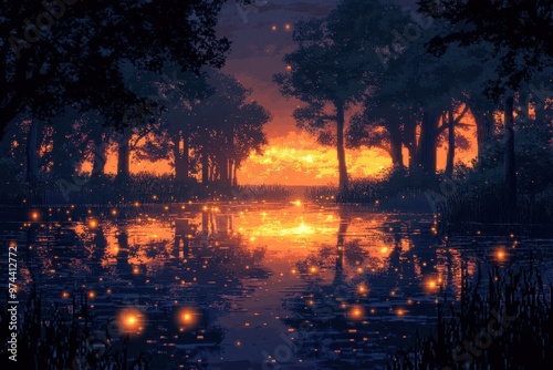 Retro Pixelated Swamp Clearing with Eerie Glow of Fireflies in Vintage Style