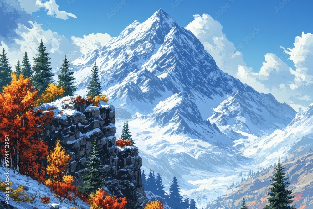 Fototapeta premium Pixelated Winter Wonderland: Retro 16-Bit Snowy Mountaintop with Icy Cliffs and Trees under Clear Blue Sky