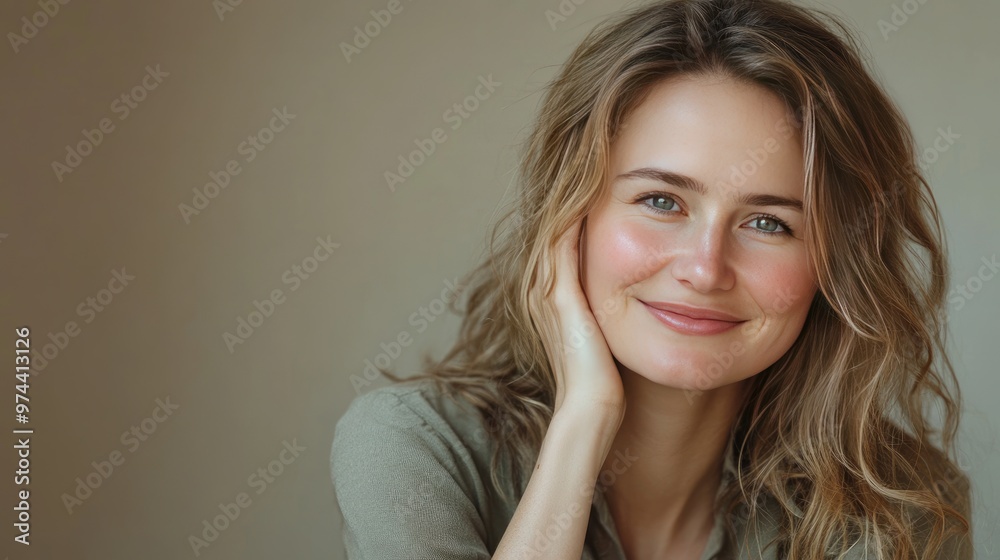 A close-up portrait of a woman with soft, natural beauty, smiling warmly and resting her hand on her face. A close-up portrait of a woman with soft, natural beauty, smiling warmly and resting her hand on her face.