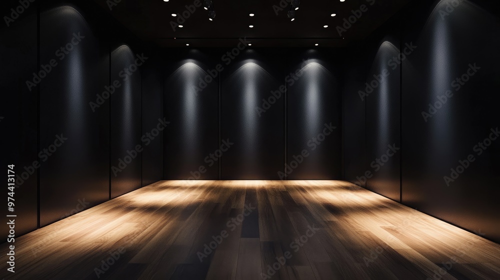 A modern empty room with dark walls and wooden floors, illuminated by spotlights from the ceiling. A modern empty room with dark walls and wooden floors, illuminated by spotlights from the ceiling.