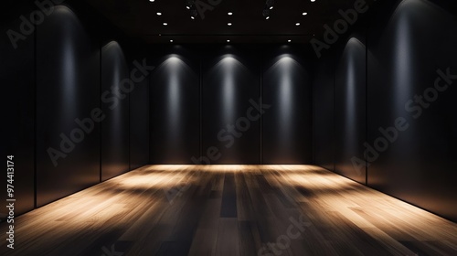Wallpaper Mural A modern empty room with dark walls and wooden floors, illuminated by spotlights from the ceiling. Torontodigital.ca