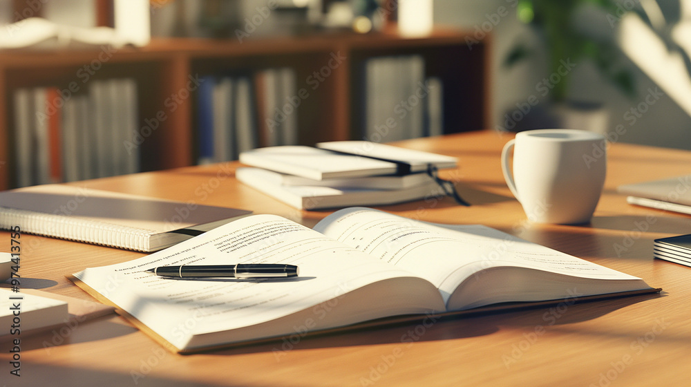 Naklejka premium Open Notebook with Pen and Coffee Cup on a Wooden Desk in a Bright Home Office
