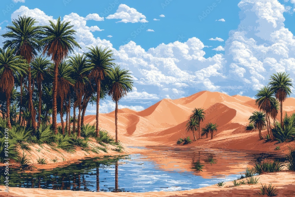 Φωτογραφία Vibrant Pixel Art Desert Oasis with Shimmering Water, Palm Trees, and Sand Dunes
