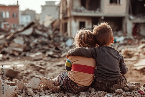 Two children sit together in rubble, sharing a moment of comfort amidst disaster in a war-torn area during daylight photo