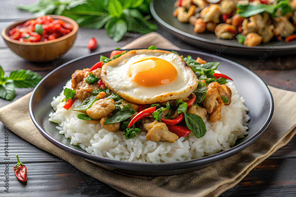 Stir-fried basil with Chicken and fried egg on rice, on modern table, Thai food Stir-fried basil with Chicken and fried egg on rice, on modern table, Thai food