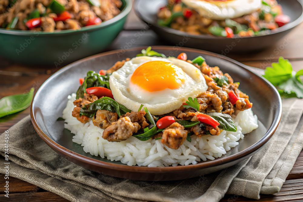 Stir-fried basil with Pork and fried egg on rice, on modern table, Thai food concept Stir-fried basil with Pork and fried egg on rice, on modern table, Thai food concept