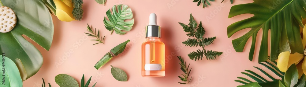 Serum bottle surrounded by cute cartoon elements, tropical leaves, and herbs, soft pastel colors, serum, skincare, cute aesthetic, product photography Serum bottle surrounded by cute cartoon elements, tropical leaves, and herbs, soft pastel colors, serum, skincare, cute aesthetic, product photography