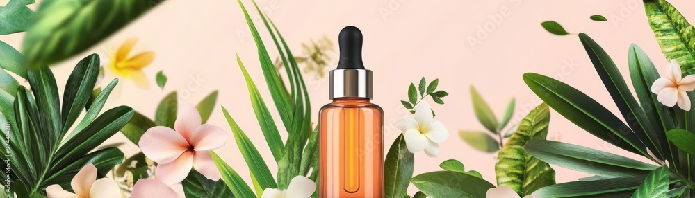 Serum bottle with tropical leaves, flowers, and herbs, cartoonish background with soft pastels, skincare, serum, cute style, product shoot