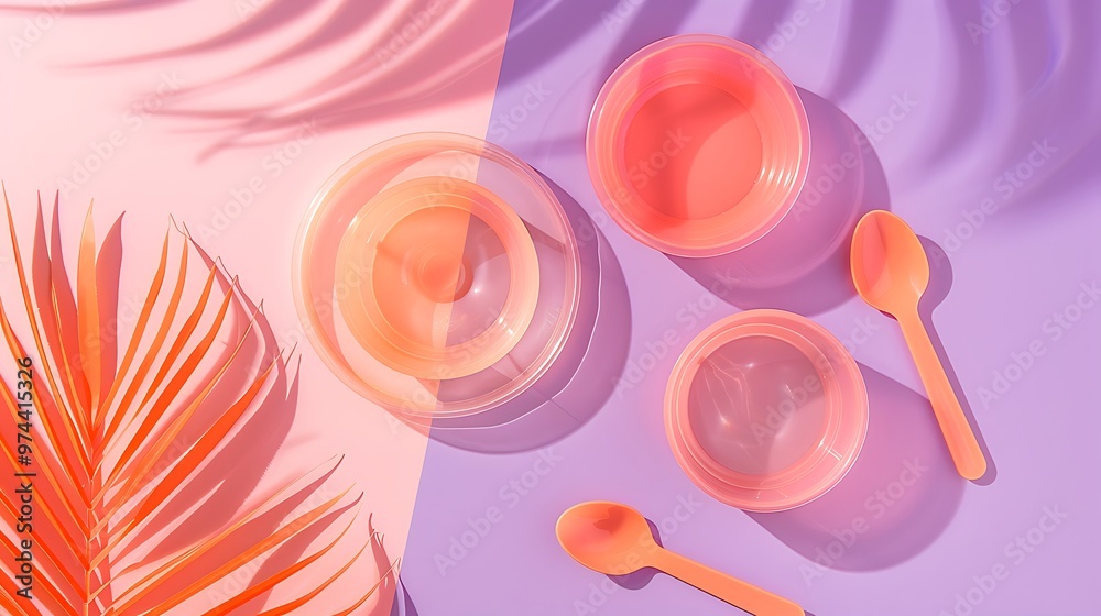 a set of reusable peach colored dishes spoon glass plates for camping laid out on pink and purple background a set of reusable peach colored dishes spoon glass plates for camping laid out on pink and purple background