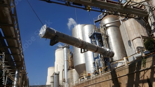 Industrial facility showcasing large metal pipelines and storage tanks under clear blue skies, highlighting modern engineering and manufacturing processes.