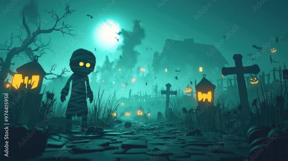 Playful and Eerie Halloween Scene: 3D Cartoon Mummy in Spooky Graveyard with Glowing Lanterns, Pumpkins, and Fog Playful and Eerie Halloween Scene: 3D Cartoon Mummy in Spooky Graveyard with Glowing Lanterns, Pumpkins, and Fog