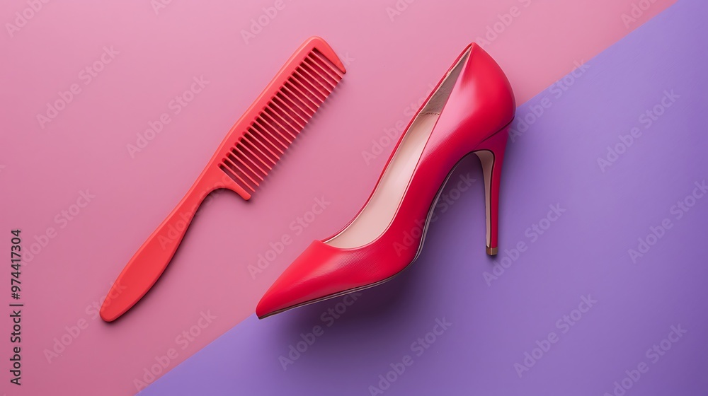 Beige and red personal accessory and shoes comb lipstikon pink and purple background
