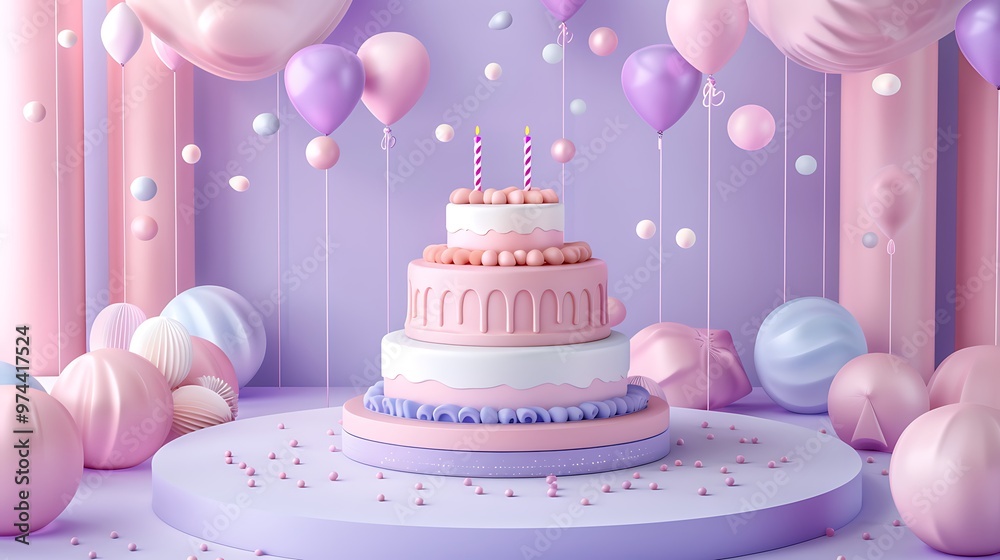 Birthday party on pink and purple background