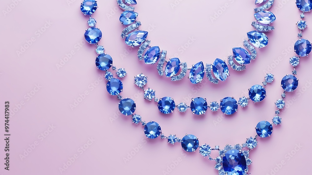 Obraz premium blue jewelry set with blue sapphire stone on pastel background top view