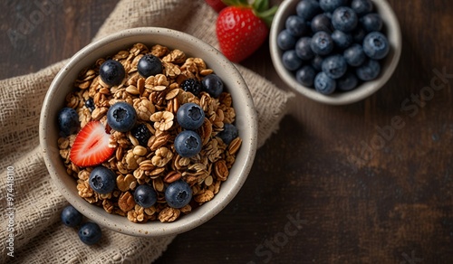 Top view bowl of homemade granola with yogurt and fresh brieers