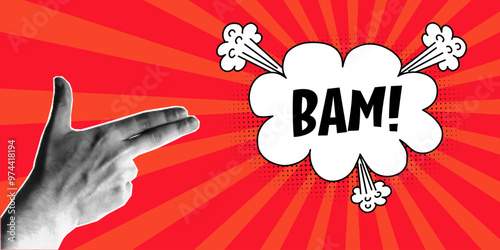 Halftone collage, hand gesture in the shape of a gun, speech bubble with expressive inscriptions bam, cloud and explosions in a comic style on a red background. Pop art retro banner.