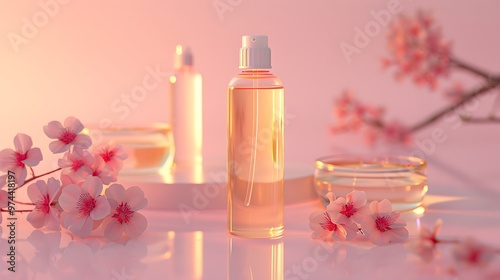 Bottles with lotion with archidea extract for the body and petri dishes with flowers on a pink background