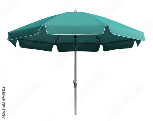 Green beach umbrella with white trim on transparent background.