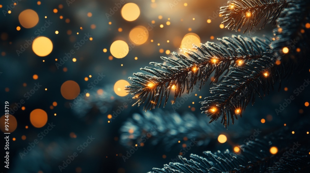 Fototapeta premium Close-up of Christmas tree branch with festive lights, winter holiday concept