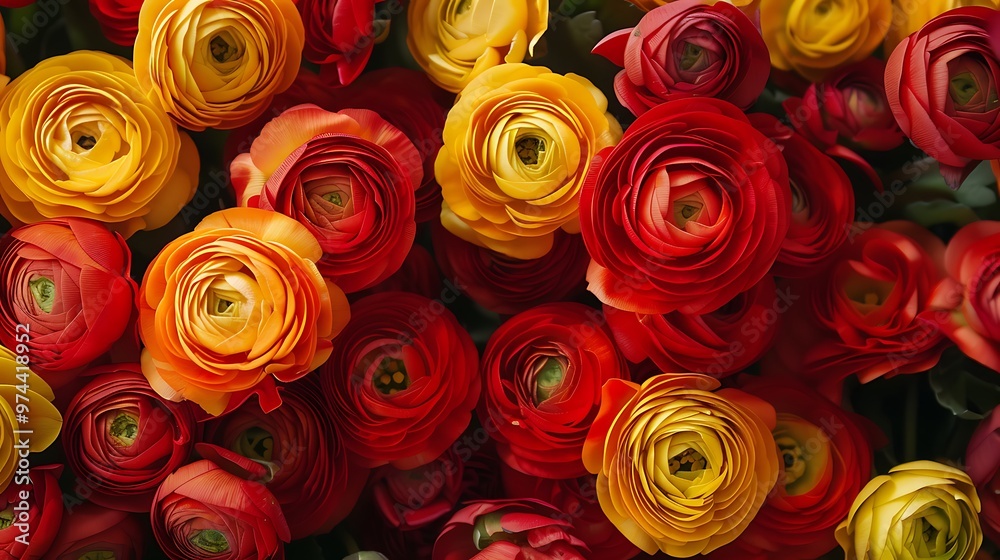 Bunch of red and yellow ranunculus flowers
