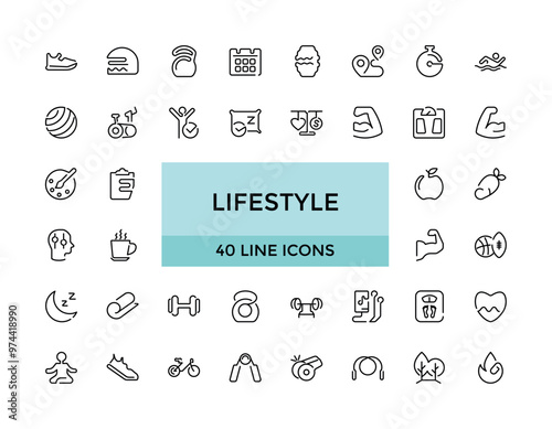 Lifestyle line icons set. Healthy lifestyle symbols. Happiness, diet, exercise, game, fitness, music, sleep, relationships and more, Editable Thin icon vector collections.