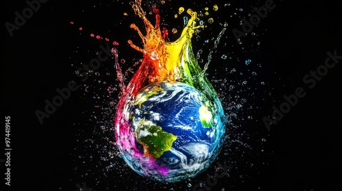 Fototapeta Naklejka Na Ścianę i Meble -  colorful paint splash around planet earth against black background