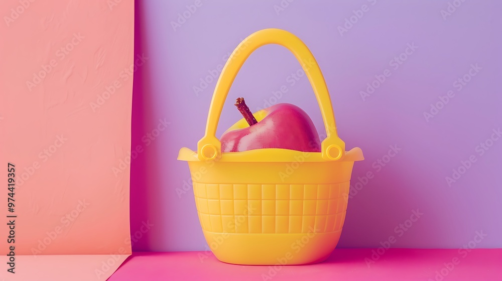 Children toys apple shaped yellow basket on pink and purple background Children toys apple shaped yellow basket on pink and purple background