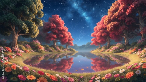 Anime-style illustration depicting a forest with colorful flowers and a clear pond