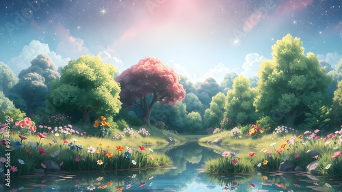 Anime-style illustration depicting a forest with colorful flowers and a clear pond