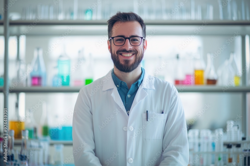 A smiling scientist in a lab coat stands confidently in a modern laboratory filled with colorful chemical solutions. A smiling scientist in a lab coat stands confidently in a modern laboratory filled with colorful chemical solutions.