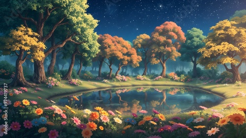 Anime-style illustration depicting a forest with colorful flowers and a clear pond